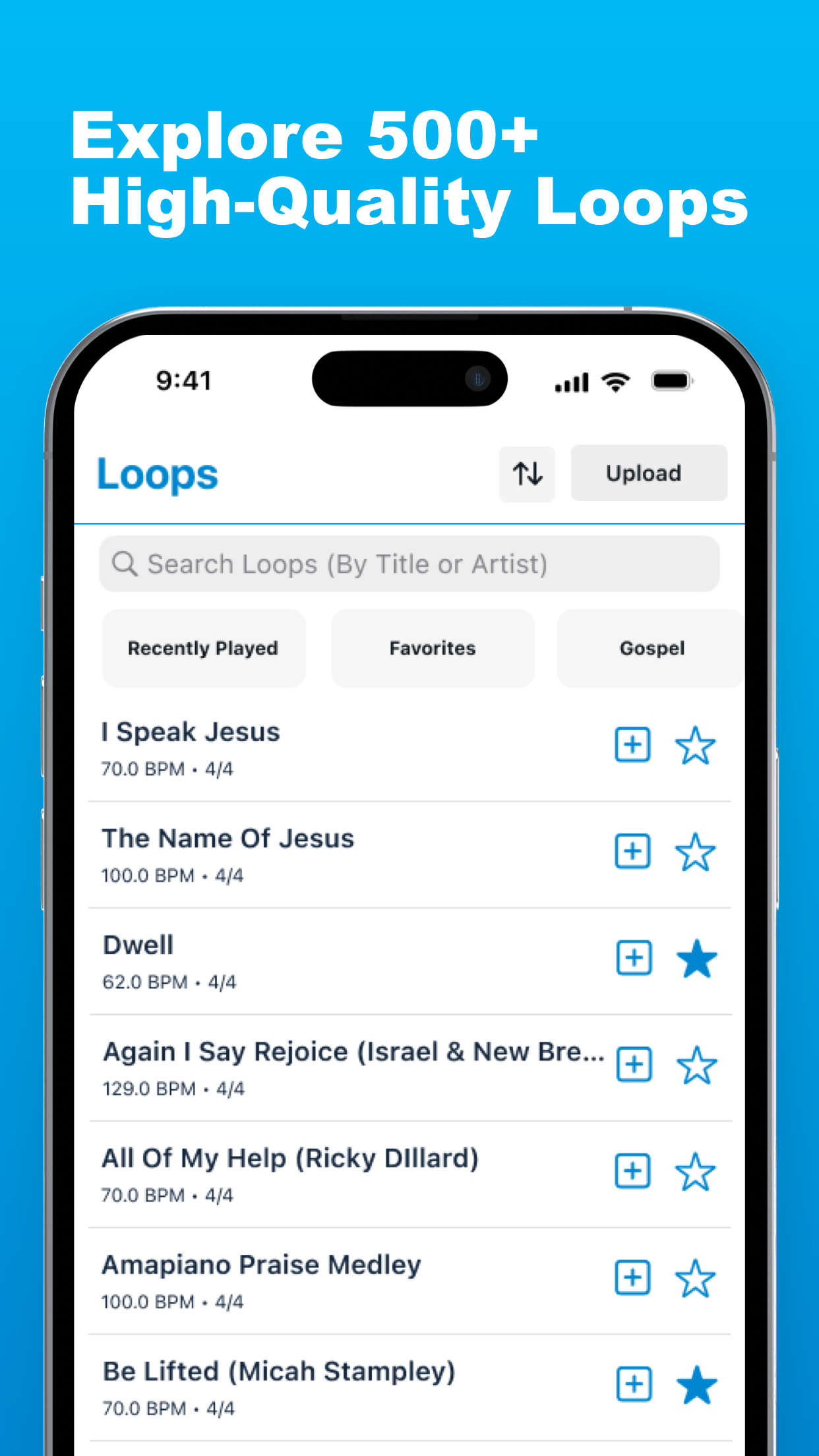 LiveTrackz loop library — an affordable MultiTracks alternative showing gospel worship backing tracks with BPM and time signature